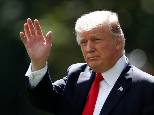 President Donald Trump waves as he walks from the Oval Office of the White House in Washington, Friday, Sept. 15, 2017, to Marine One for the short trip to Andrews Air Force Base, Md.. (AP Photo/Carolyn Kaster)