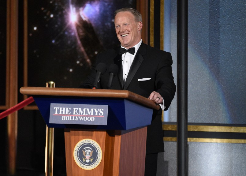Sean Spicer speaks at the 69th Primetime Emmy Awards on Sunday, Sept. 17, 2017, at the Microsoft Theater in Los Angeles. (Photo by Chris Pizzello/Invision/AP)