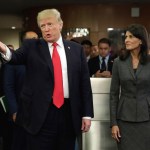 President Donald Trump, accompanied by U.S. Ambassador Nikki Haley arrives at the United Nations, Monday, Sept. 18, 2017. (AP Photo/Richard Drew)