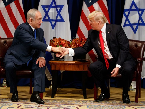 President Donald Trump meets with Israeli Prime Minister Benjamin Netanyahu at the Palace Hotel during the United Nations General Assembly, Monday, Sept. 18, 2017, in New York. (AP Photo/Evan Vucci)
