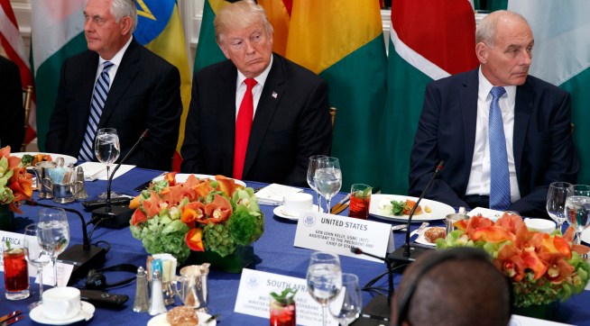 Secretary of State Rex Tillerson, President Donald Trump, and White House chief of staff John Kelly listen as Trump is introduced during a luncheon with African leaders at the Palace Hotel during the United Nations General Assembly, Wednesday, Sept. 20, 2017, in New York. (AP Photo/Evan Vucci)