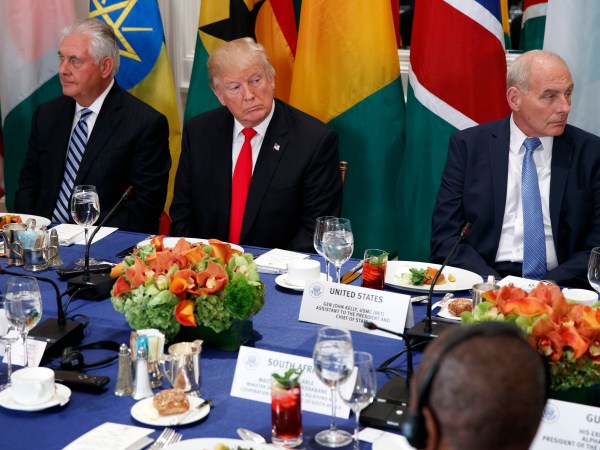 Secretary of State Rex Tillerson, President Donald Trump, and White House chief of staff John Kelly listen as Trump is introduced during a luncheon with African leaders at the Palace Hotel during the United Nations General Assembly, Wednesday, Sept. 20, 2017, in New York. (AP Photo/Evan Vucci)