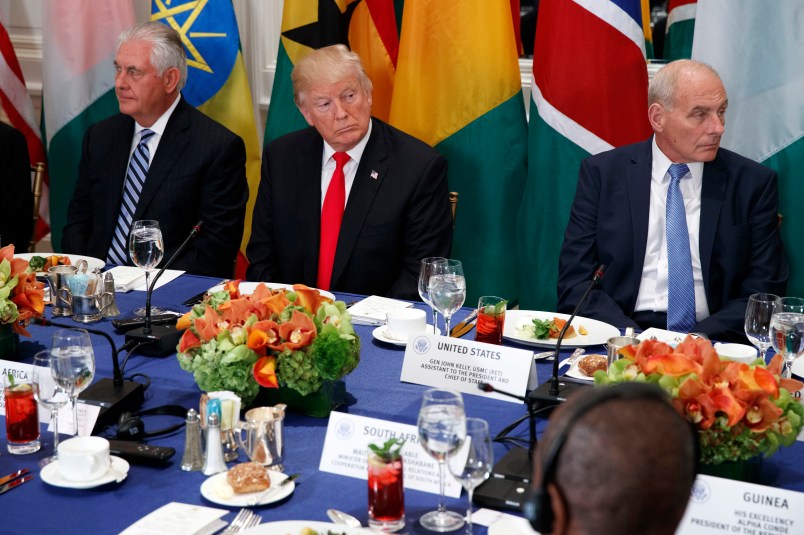Secretary of State Rex Tillerson, President Donald Trump, and White House chief of staff John Kelly listen as Trump is introduced during a luncheon with African leaders at the Palace Hotel during the United Nations General Assembly, Wednesday, Sept. 20, 2017, in New York. (AP Photo/Evan Vucci)