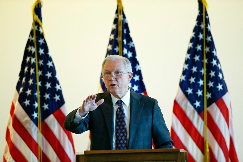 Attorney General Jeff Sessions speaks to law enforcement officials about transnational organized crime and gang violence at the Federal Courthouse Thursday, Sept. 21, 2017, in Boston. Sessions has called crime groups, like MS-13, “one of the gravest threats to American safety.” (AP Photo/Stephan Savoia)