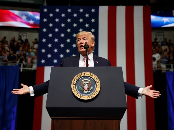 President Donald Trump speaks at a campaign rally for Sen. Luther Strange, R-Ala., Friday, Sept. 22, 2017, in Huntsville, Ala. (AP Photo/Evan Vucci)