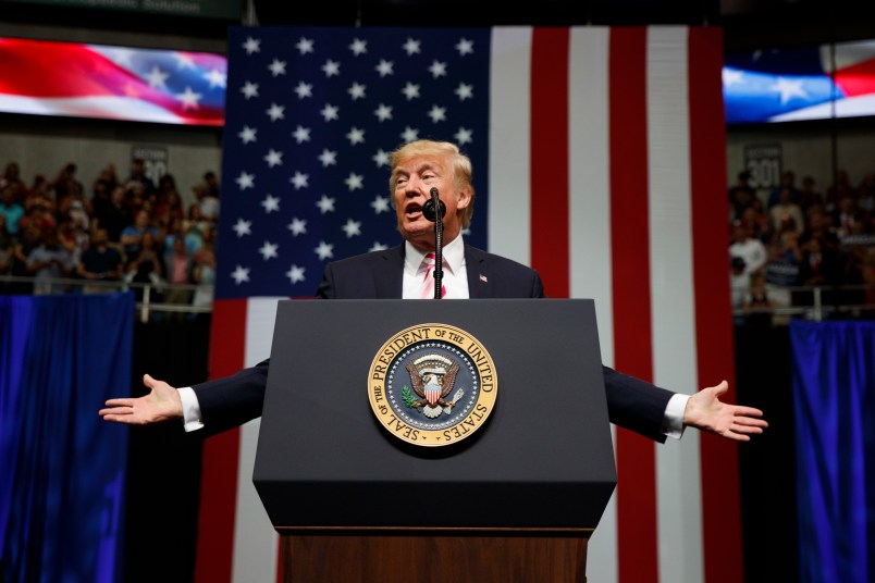 President Donald Trump speaks at a campaign rally for Sen. Luther Strange, R-Ala., Friday, Sept. 22, 2017, in Huntsville, Ala. (AP Photo/Evan Vucci)