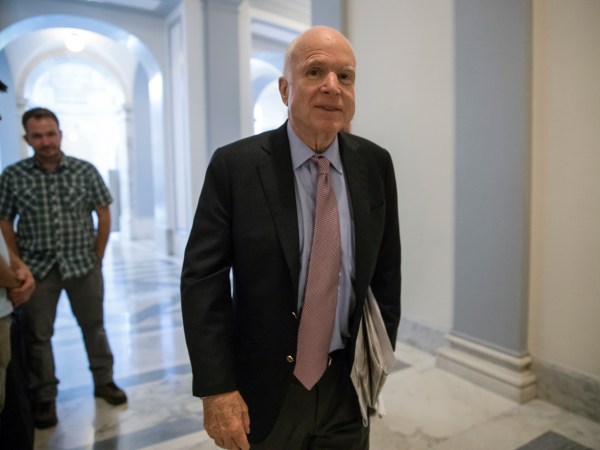 Sen. John McCain, R-Ariz., arrives at his office on Capitol Hill in Washington, Monday, Sept. 25, 2017, amid a last-ditch GOP push to overhaul the nation's health care system. Looking at the twilight of his career and a grim cancer diagnosis, McCain, who prides himself on an independent streak, could not be moved to go along with the Graham-Cassidy bill.  (AP Photo/J. Scott Applewhite)