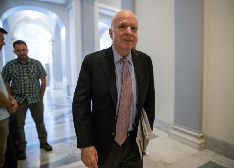 Sen. John McCain, R-Ariz., arrives at his office on Capitol Hill in Washington, Monday, Sept. 25, 2017, amid a last-ditch GOP push to overhaul the nation's health care system. Looking at the twilight of his career and a grim cancer diagnosis, McCain, who prides himself on an independent streak, could not be moved to go along with the Graham-Cassidy bill.  (AP Photo/J. Scott Applewhite)