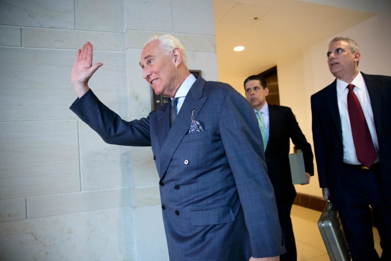 Longtime Donald Trump associate Roger Stone arrives to testify behind closed-doors as part of the House Intelligence Committee’s investigation into Russian meddling in the 2016 election, on Capitol Hill in Washington, Tuesday, Sept. 26, 2017. (AP Photo/J. Scott Applewhite)