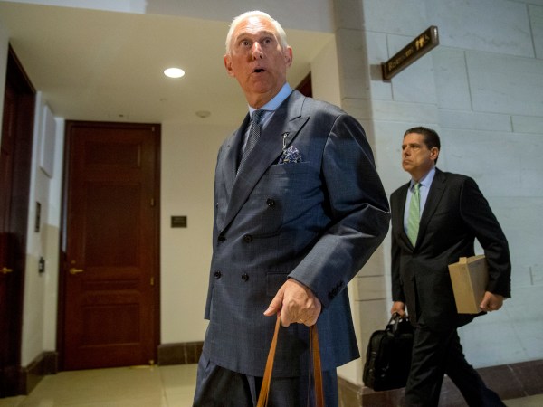 Roger Stone arrives to testify before the House Intelligence Committee, on Capitol Hill, Tuesday, Sept. 26, 2017, in Washington. (AP Photo/Andrew Harnik)