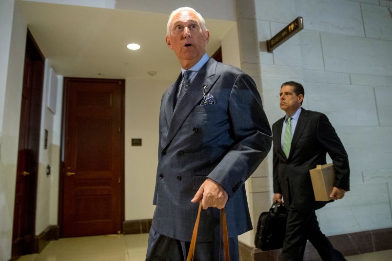 Roger Stone arrives to testify before the House Intelligence Committee, on Capitol Hill, Tuesday, Sept. 26, 2017, in Washington. (AP Photo/Andrew Harnik)