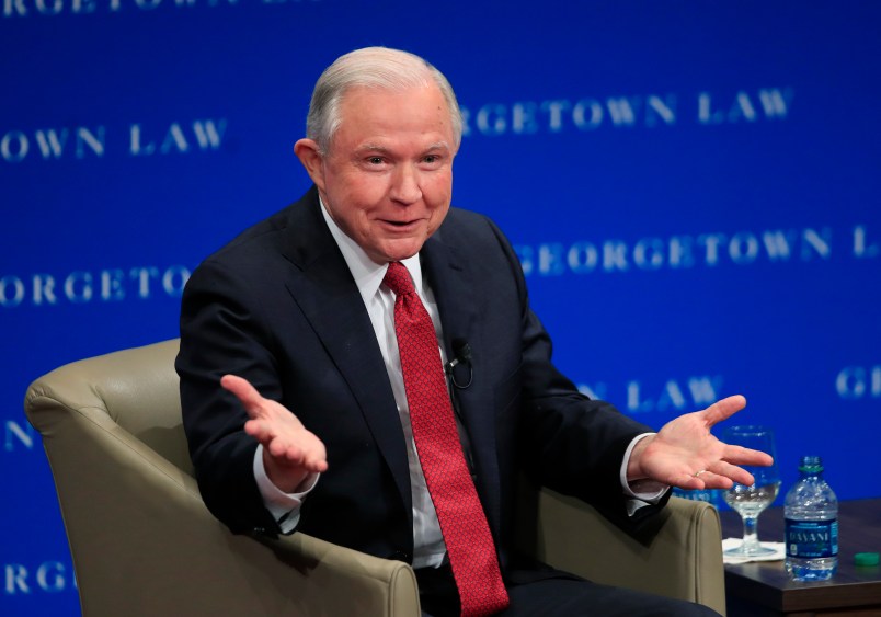 Attorney General Jeff Sessions speaks about free speech at the Georgetown University Law Center in Washington, Tuesday, Sept. 26, 2017.   (AP Photo/Manuel Balce Ceneta