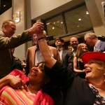 Former Alabama Chief Justice and U.S. Senate candidate Roy Moore, greets supporter Patricia Jones, right, before his election party, Tuesday, Sept. 26, 2017, in Montgomery, Ala.(AP Photo/Brynn Anderson)