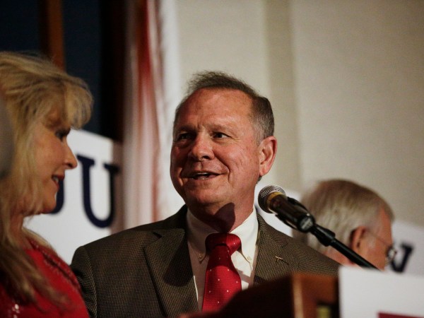 Former Alabama Chief Justice and U.S. Senate candidate Roy Moore during his election party, Tuesday, Sept. 26, 2017, in Montgomery, Ala. Moore won the Alabama Republican primary runoff for U.S. Senate on Tuesday, defeating an appointed incumbent backed by President Donald Trump and allies of Sen. Mitch McConnell. (AP Photo/Brynn Anderson)