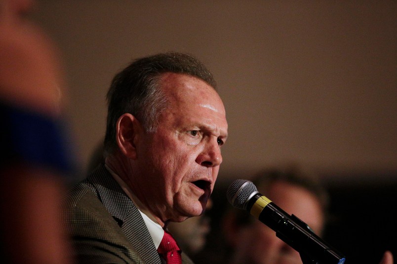 Former Alabama Chief Justice and U.S. Senate candidate Roy Moore during speaks during his election party, Tuesday, Sept. 26, 2017, in Montgomery, Ala. Moore won the Alabama Republican primary runoff for U.S. Senate on Tuesday, defeating an appointed incumbent backed by President Donald Trump and allies of Sen. Mitch McConnell. (AP Photo/Brynn Anderson)