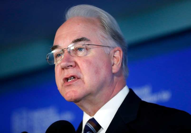 Health and Human Services Secretary Tom Price speaks during a National Foundation for Infectious Diseases (NFID) news conference  recommending everyone age six months an older be vaccinated against influenza, Thursday, Sept. 28, 2017 in Washington. (AP Photo/Pablo Martinez Monsivais)