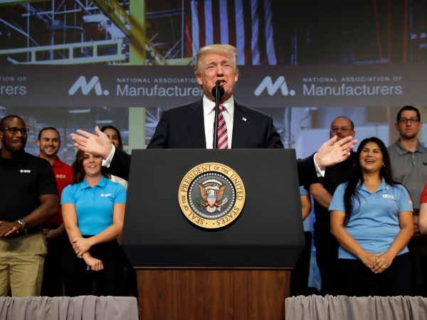 President Donald Trump speaks to the National Association of Manufactures at the Mandarin Oriental hotel, Friday, Sept. 29, 2017, in Washington. (AP Photo/Evan Vucci)
