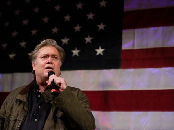 Former White House strategist Steve Bannon speaks at a rally for U.S. Senate hopeful Roy Moore, Monday, Sept. 25, 2017, in Fairhope, Ala. (AP Photo/Brynn Anderson)