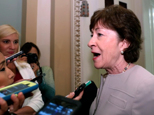 Sen. Susan Collins, R-Maine, speaks with reporters before heading into a policy luncheon, on Capitol Hill, Tuesday, Sept. 19, 2017 in Washington. (AP Photo/Alex Brandon)