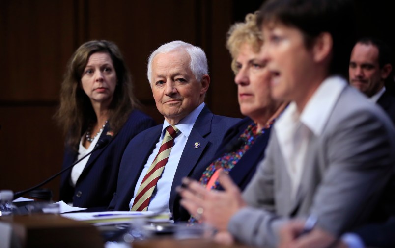 State insurance commissioners from Tennessee Department of Commerce and Insurance Commissioner Julie Mix McPeak, from left; Washington State Insurance Commissioner Mike Kreidler; Alaska Division of Insurance Director Lori Wing-Heier and Insurance Commissioner of Pennsylvania Theresa Miller testify during a Senate Health, Education, Labor, and Pensions Committee hearing on the individual health insurance market for 2018 on Capitol Hill in Washington, Wednesday, Sept. 6, 2017.   (AP Photo/Manuel Balce Ceneta)