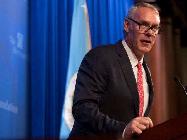 Interior Secretary Ryan Zinke speaks on the Trump Administration's energy policy at the Heritage Foundation in Washington, Friday, Sept. 29, 2017. (AP Photo/Andrew Harnik)