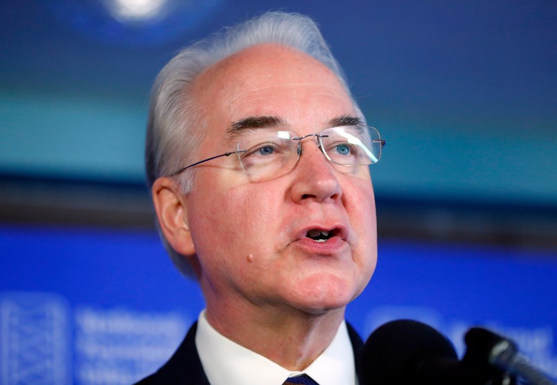 Health and Human Services Secretary Tom Price speaks during a National Foundation for Infectious Diseases (NFID) news conference  recommending everyone age six months an older be vaccinated against influenza, Thursday, Sept. 28, 2017 in Washington. (AP Photo/Pablo Martinez Monsivais)