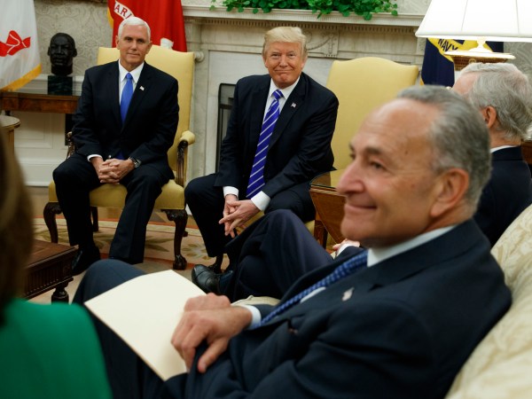 Vice President Mike Pence looks on as President Donald Trump speaks during a meeting with Senate Minority Leader Chuck Schumer, D-N.Y., and other Congressional leaders in the Oval Office of the White House, Wednesday, Sept. 6, 2017, in Washington. (AP Photo/Evan Vucci)