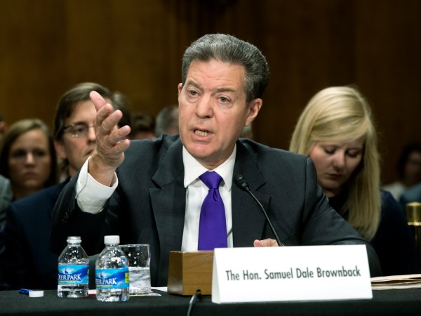 Samuel Brownback, governor of Kansas and a former U.S. senator, appears before the Senate Foreign Relations Committee as the nominee to be the United States Ambassador-at-Large for International Religious Freedom,  at the Capitol in Washington, Wednesday, Oct. 4, 2017.    (AP Photo/J. Scott Applewhite)