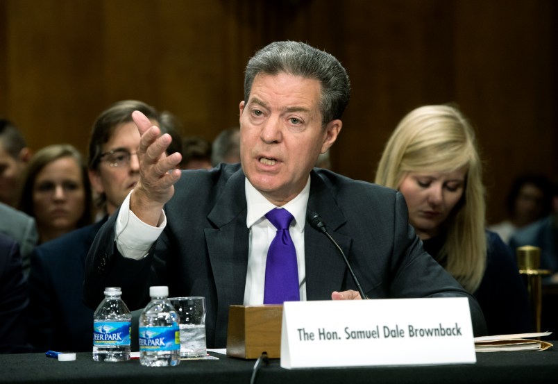 Samuel Brownback, governor of Kansas and a former U.S. senator, appears before the Senate Foreign Relations Committee as the nominee to be the United States Ambassador-at-Large for International Religious Freedom,  at the Capitol in Washington, Wednesday, Oct. 4, 2017.    (AP Photo/J. Scott Applewhite)