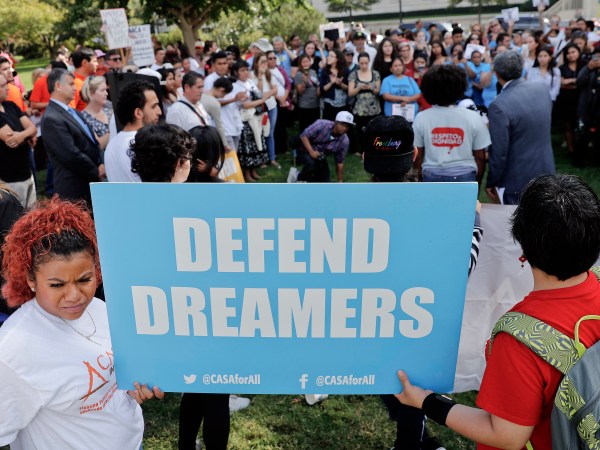 Immigrant rights supporters gather at the U.S. Capitol in Washington, Tuesday, Sept. 26, 2017. The groups and allies are demanding that Congress pass a 'Clean Dream Act' that will prevent the deportation of Dreamers working and studying in the U.S., and reform legalization of those with Temporary Protection Status who came to the U.S. fleeing natural disasters or civil wars. (AP Photo/Pablo Martinez Monsivais)