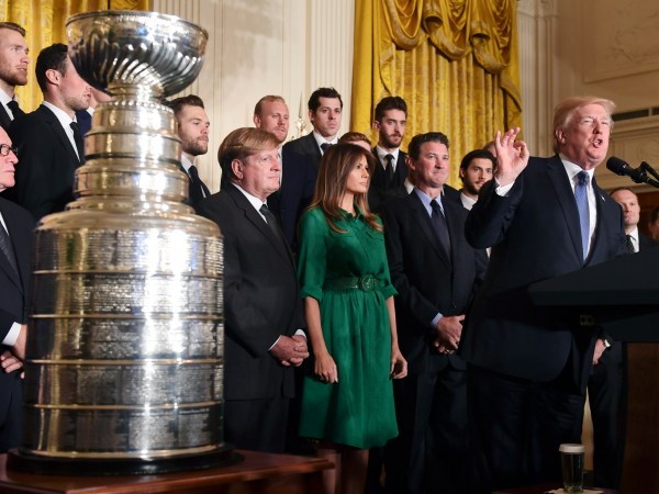 President Donald Trump stands with the 2017 NHL Stanley Cup Champions Pittsburgh Penguins in the East Room of the House in Washington, Tuesday, Oct. 10, 2017. (AP Photo/Susan Walsh)