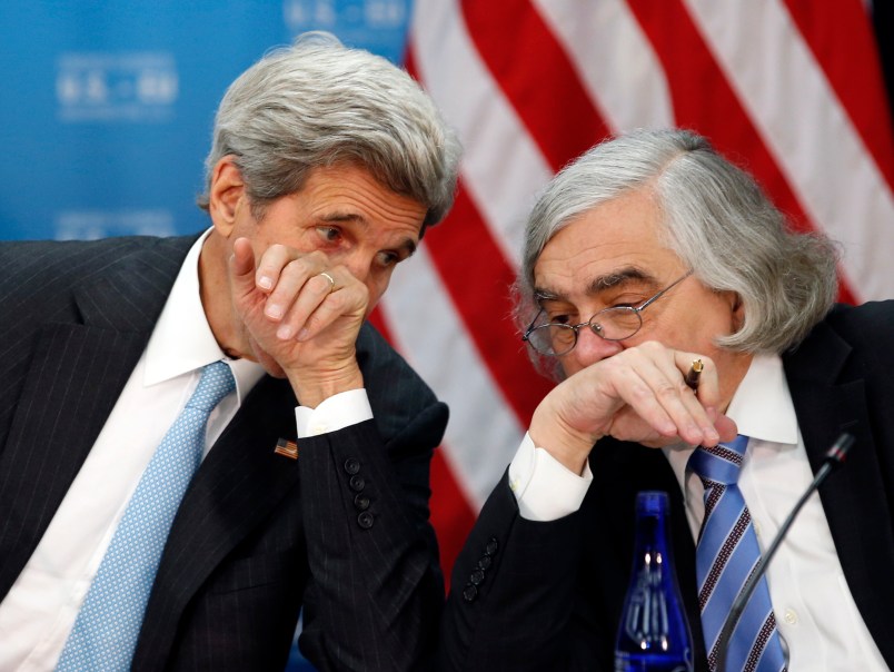 Secretary of State John Kerry, left, speaks with Secretary of Energy Ernest Moniz during the seventh U.S. – E.U. Energy Security Council meeting, during the U.S. Caribbean-Central American Energy Summit at the State Department, Wednesday, May 4, 2016 in Washington. (AP Photo/Alex Brandon)