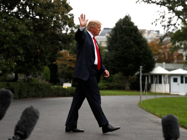 President Donald Trump waves as he walks to board  Marine One helicopter on the South Lawn of the White House in Washington, Wednesday, Oct. 11, 2017, for a short trip to Andrews Air Force Base, Md., and then onto Harrisburg, Pa. (AP Photo/Carolyn Kaster)