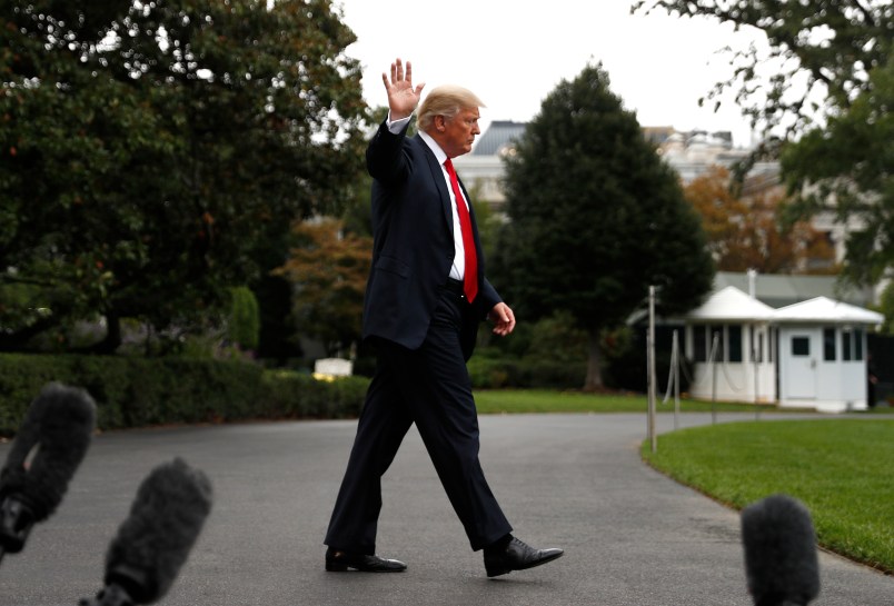 President Donald Trump waves as he walks to board  Marine One helicopter on the South Lawn of the White House in Washington, Wednesday, Oct. 11, 2017, for a short trip to Andrews Air Force Base, Md., and then onto Harrisburg, Pa. (AP Photo/Carolyn Kaster)