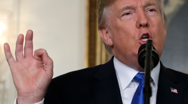 President Donald Trump delivers remarks on Iran policy from the Diplomatic Reception Room of the White House, Friday, Oct. 13, 2017, in Washington. (AP Photo/Evan Vucci)