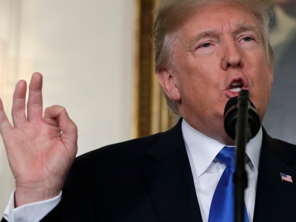 President Donald Trump delivers remarks on Iran policy from the Diplomatic Reception Room of the White House, Friday, Oct. 13, 2017, in Washington. (AP Photo/Evan Vucci)