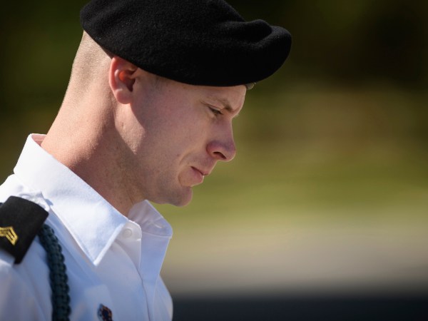 Army Sgt. Bowe Bergdahl leaves a motions hearing during a lunch break on Wednesday, Sept. 27, 2017, in Fort Bragg, N.C.  A military judge has denied efforts by Bergdahl to gather more information on discussions between a prosecutor and the Trump administration.  Bergdahl faces court-martial on charges that he endangered comrades by walking off his post in Afghanistan in 2009.  (Andrew Craft/The Fayetteville Observer via AP)