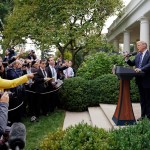 April Ryan, left, the Washington bureau chief for American Urban Radio Networks gestures as she asks questions to President Donald Trump and Senate Majority Leader Mitch McConnell of Ky., in the Rose Garden of the White House, Monday, Oct. 16, 2017. (AP Photo/Pablo Martinez Monsivais)