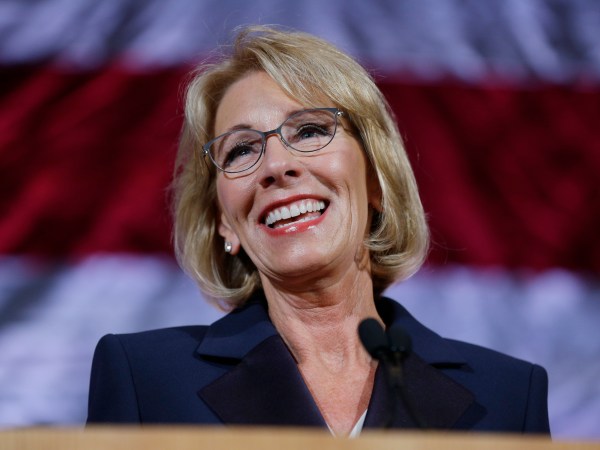 U.S. Education Secretary Betsy DeVos speaks during a dinner hosted by the Washington Policy Center, Friday, Oct. 13, 2017, in Bellevue, Wash. (AP Photo/Ted S. Warren)