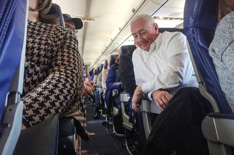 Gregory Pence, brother of Vice President-elect Mike Pence, finds a moment of peace on his flight from Indianapolis to Washington, D.C. on Wednesday, Jan. 18, 2017.