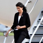 US Ambassador to the United Nations Nikki Haley, arrives in Juba, south sudan, Wednesday, Oct.25, 2017.  The U.S. ambassador to the United Nations, Nikki Haley, has been evacuated from a U.N. camp for displaced people in South Sudan because of a volatile demonstration against President Salva Kiir. An aid worker at the camp says U.N. security guards fired tear gas to disperse the crowd of more than 100 people shortly after Haley left. The ambassador, on a three-country Africa visit, met earlier with Kiir over the country's long civil war. (AP Photo)