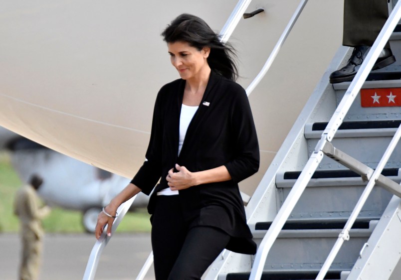US Ambassador to the United Nations Nikki Haley, arrives in Juba, south sudan, Wednesday, Oct.25, 2017.  The U.S. ambassador to the United Nations, Nikki Haley, has been evacuated from a U.N. camp for displaced people in South Sudan because of a volatile demonstration against President Salva Kiir. An aid worker at the camp says U.N. security guards fired tear gas to disperse the crowd of more than 100 people shortly after Haley left. The ambassador, on a three-country Africa visit, met earlier with Kiir over the country's long civil war. (AP Photo)