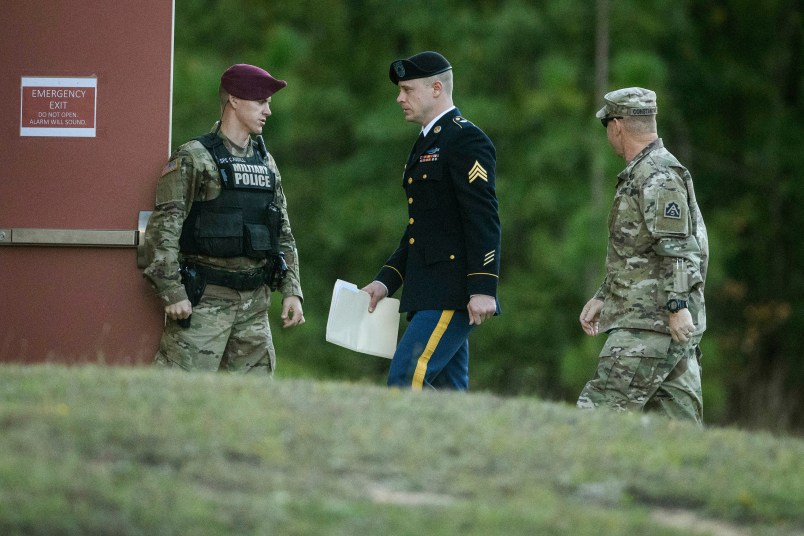 Sgt. Bowe Bergdahl arrives at the Fort Bragg courtroom facility for a sentencing hearing on Monday, Oct. 30, 2017, on Fort Bragg, N.C. Bergdahl, who walked off his base in Afghanistan in 2009 and was held by the Taliban for five years, pleaded guilty to desertion and misbehavior before the enemy. (AP Photo/The Fayetteville Observer, Andrew Craft) /// Here are a couple from the sentencing hearing today-- ----Andrew CraftChief PhotographerThe Fayetteville Observer717-476-6634-- This message may contain confidential and/or privileged information. If you are not the intended recipient or authorized to receive this for the intended recipient, you must not use, copy, disclose or take any action based on this message or any information herein. If you have received this message in error, please advise the sender immediately by sending a reply e-mail and delete this message. Thank you for your cooperation.