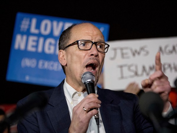 DNC Chairman Tom Perez speaks at a protest against Trump’s new Muslim travel ban in Lafayette Square outside the White House, Monday, March 6, 2017, in Washington. (AP Photo/Andrew Harnik)