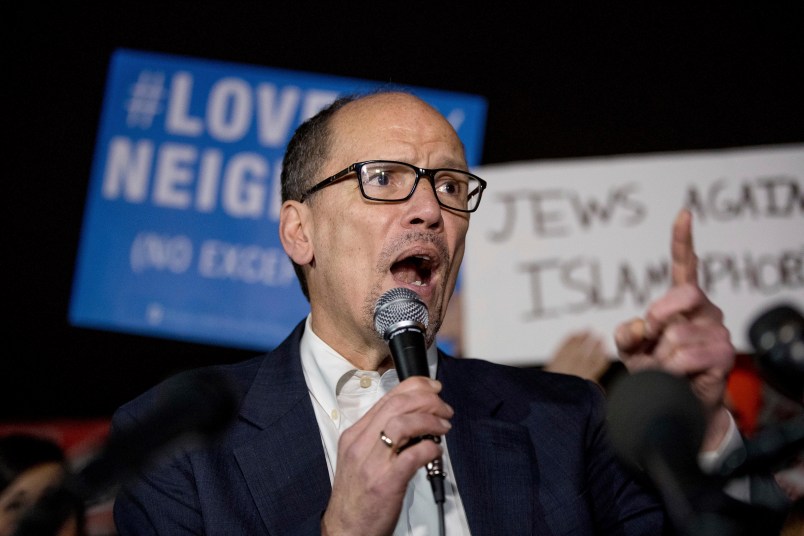 DNC Chairman Tom Perez speaks at a protest against Trump’s new Muslim travel ban in Lafayette Square outside the White House, Monday, March 6, 2017, in Washington. (AP Photo/Andrew Harnik)