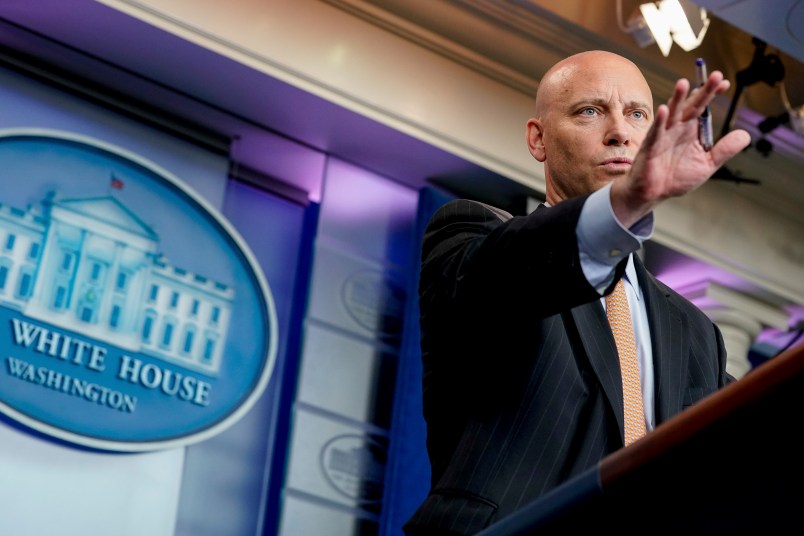 White House legislative director Marc Short talks to the media about the GOP Senate healthcare bill during the daily press briefing at the White House, Wednesday, July 19, 2017, in Washington. (AP Photo/Andrew Harnik)