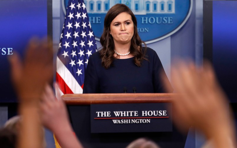 White House press secretary Sarah Huckabee Sanders pauses as she prepares to answer questions during the press briefing in the Brady Press Briefing room of the White House in Washington, Wednesday, July 26, 2017. (AP Photo/Pablo Martinez Monsivais)