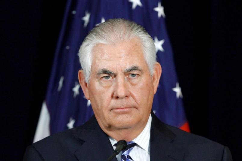 Secretary of State Rex Tillerson listens to a question during a news conference, Thursday, Aug. 17, 2017, at the State Department in Washington. (AP Photo/Jacquelyn Martin)