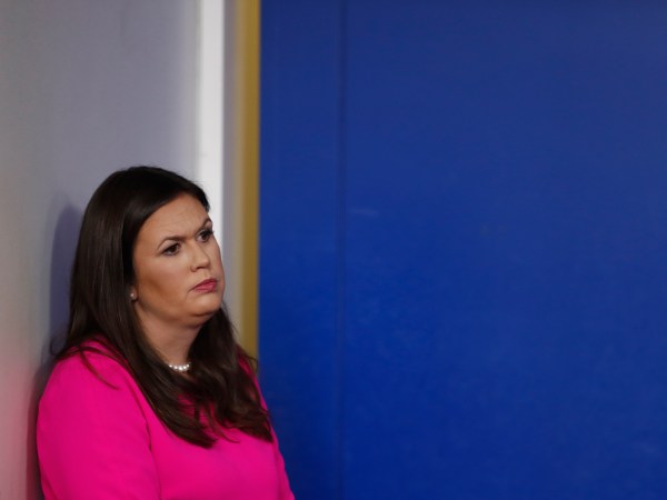 White House press secretary Sarah Huckabee Sanders stands off to the side during a news briefing at the White House, in Washington, Friday, Sept. 15, 2017. (AP Photo/Carolyn Kaster)