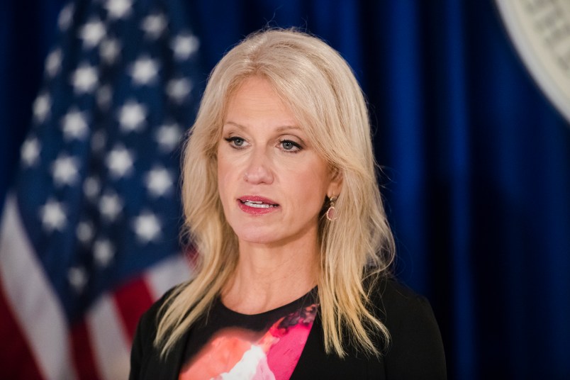 Counselor to the President Kellyanne Conway during a news conference in Trenton, N.J., Monday, Sept. 18, 2017.  (AP Photo/Matt Rourke)
